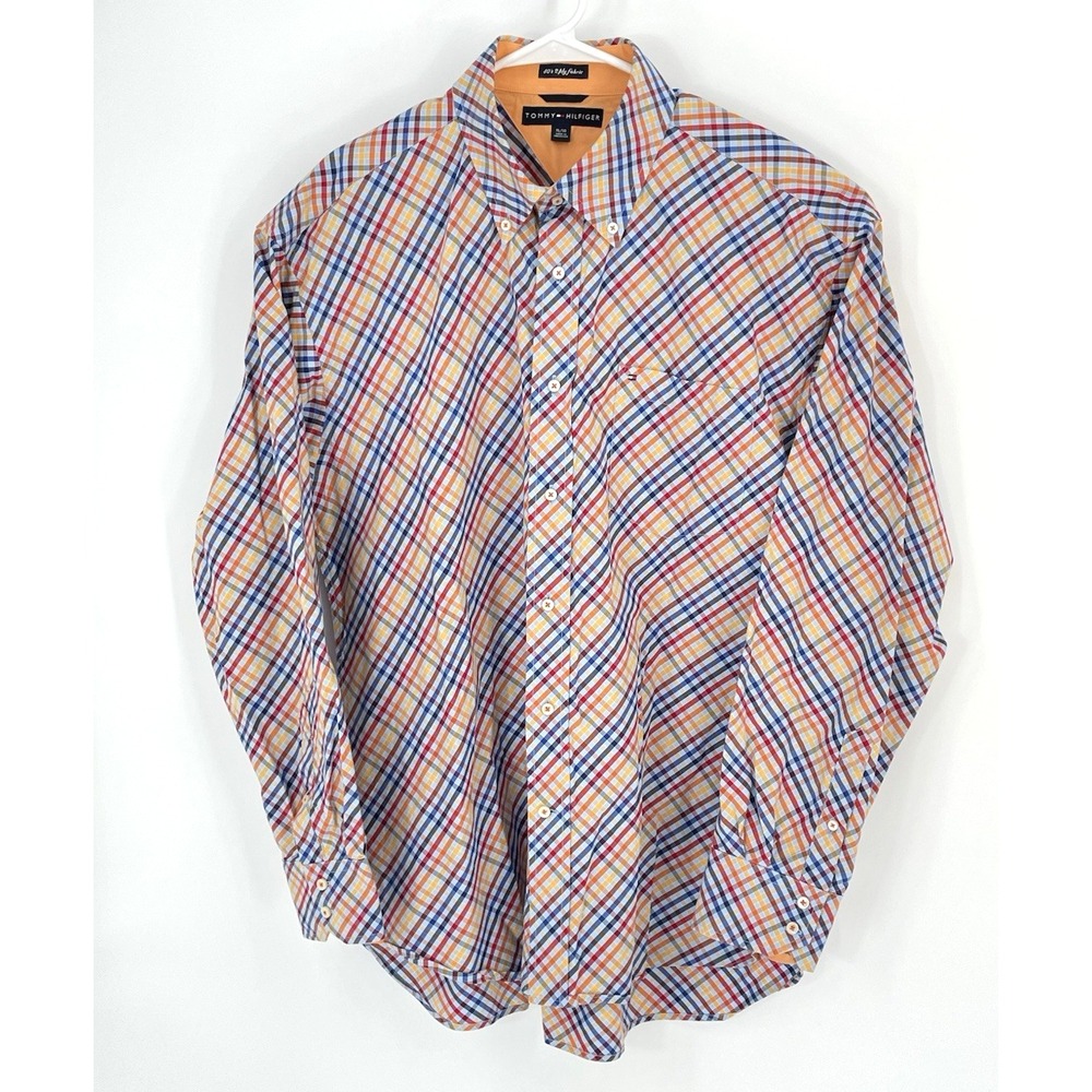 Tommy Hilfiger Mens Shirt‎ XL 2 Ply Button Multicolor Check Contrast Cuff Casual